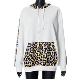 Kukombo Outfit Leopard Print Drawstring Hoodie Women's Solid Spliced Loose Casual Pullover Top Long Sleeve Street Hoodie Sweatshirt