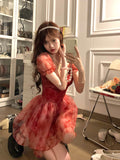 Kukombo Sweet Floral Fairy Short Party Dress Female Elegant French Red Y2k Mini Dress 2025 Summer Kawaii Clothing Lolita Dress Lace Chic ootd