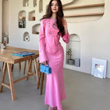 Kukombo Elegant Satin Slim Long Dress Women's Fashion Long Sleeve High Waist Party Dress Solid Color Pullover Sexy Long Dress