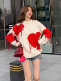 Kukombo Outfit Knitted Sweaters Women Pullovers O-Neck Heart Sweet Korean Chic Tassel Thick Long Sleeve Loose Clothes Comfortable White