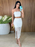 Kukombo Strapless Split Half Skirt 2Piece Set Polka Dot Tassel Casual Vacation Top Hollow Out High Waist Slimming Mid Length Skirts Sets ootd outfit idea