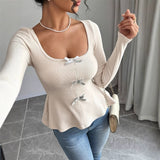 Kukombo Bow Knit Sweater Women's Casual Long Sleeve Ruffled Long Sleeve Pullover Spring Slim Office Lady Bottoming Y2k Shirt Top