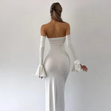 Kukombo Women's Sexy Backless Long Dress Solid High Waist Slim Strapless Ruffle Sleeve Dress Elegant Luxurious Evening Dress