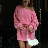 Kukombo Female V-neck Imitation Mink Sweater Fall Sexy Off-Shoulder Loose Sweater Dress Solid Casual Pullover Street Knitted Top