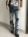 Kukombo American Vintage Washed Skull Leopard Print Micro-flare Jeans Fashion High Street Hot Girl Micro-flared Pants Y2k Trousers ootd outfit idea