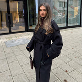 Kukombo Spring Outfits Fashion With Belt Black Woolen Long Coat For Women Oversize Loose Double Button Lapel Overcoat Autumn Lady High Street Outerwear