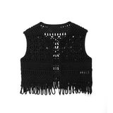 Kukombo Outfit Hollow Out Crochet Knitted Women's Vest Sleeveless Tassels Open Front Slim Cardigan Waistcoat 2024 New Fashion Knitwear Crop Top