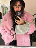 Kukombo Outfit Fashion Pink Woolen Jacket Women Winter V Neck Mohair Buttons Single Breasted Pockets Coat Ladies Office Street Casual Outerwear