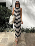 Kukombo Outfit Sexy Tight Striped Tassel Knitted Dress For Women Sleeveless Summer Fashion Beach Party Evening Long Knitwear Dress