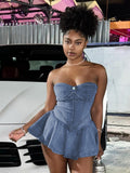 Kukombo Strapless Denim Mini Short A Line Sexy Women'S Dress Summer Casual Clotehs Fashion 2024 Y2K Streetwear New OutfitChristmas Gifts