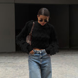 Kukombo Knitted O-Neck Sweater Women's Autumn Winter Fashion Tassel Long Sleeve Short Solid Slim Top Casual Streetwear Pullover