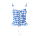 Kukombo Plaid Tank Tops for Women Y2K Tie Spaghetti Strap Ruched Camisole Cute Gingham Ruffle Hem Crop Cami Top Streetwear