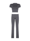 Kukombo Gray Solid Slim Basic Sports Sexy 2 Pieces Yoga Sets Women O Neck Short Sleeve Tee & Chic Low Waist Skinny Pants Tracksuit S-XL