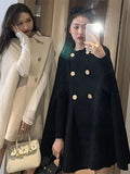 Kukombo Outfit Double Breasted Women Cape Coat Faux Woolen Loose Solid Female Overcoat Fashion Spring Poncho Elegant Lapel Lady Jacket