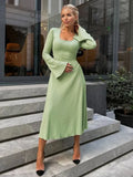 Kukombo Fashion Lace Up Long Sleeve Long Dress Women's Elegant Solid Color Evening Dress Slim Pullover Casual Summer Long Dress