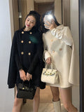 Kukombo Outfit Double Breasted Women Cape Coat Faux Woolen Loose Solid Female Overcoat Fashion Spring Poncho Elegant Lapel Lady Jacket