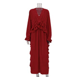 Kukombo Red Ruffled Long Dress Women's Elegant V-Neck Casual Slit Long Sleeve Patchwork Dress Ladies Autumn High Waist Y2k Dress