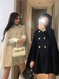 Kukombo Outfit Double Breasted Women Cape Coat Faux Woolen Loose Solid Female Overcoat Fashion Spring Poncho Elegant Lapel Lady Jacket