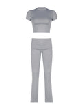 Kukombo Gray Solid Slim Basic Sports Sexy 2 Pieces Yoga Sets Women O Neck Short Sleeve Tee & Chic Low Waist Skinny Pants Tracksuit S-XL