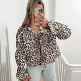 Kukombo Leopard Print Shirt Women's Bow Tie Top Women's Long Sleeve Shirt Slim Casual Fashion Versatile Street Women's Top Shirt