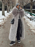 Kukombo Spring Outfits Faux Fur Long Women Winter Coats Vintage Full Sleeve Pocket Lapel Thicken Warm Outerwear Female Fashion New Streetwear