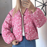 Kukombo Spring Outfits Casual Printed Women Quilting Jacket V -neck Single Breasted Pockets Long Sleeve Loose Female Jackets Winter New Lady Coats