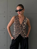 Kukombo Outfit Women Sexy Leopard Print V Neck Sleeveless Vest Fashion Vintage Single Breasted Waistcoat Autumn Female Commuting Streetwear