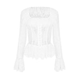 Kukombo outfit Women's White Lace Lace Long Sleeved Square Neck Top with French High-end Feeling As The Base and Inner Layer 2025