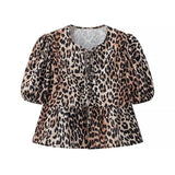 Kukombo Leopard Print Lace-Up Shirt Women's Elegant O-Neck Short Sleeve Color Block Casual Cardigan Loose Street Shirt T-Shirt