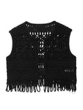 Kukombo Outfit Hollow Out Crochet Knitted Women's Vest Sleeveless Tassels Open Front Slim Cardigan Waistcoat 2024 New Fashion Knitwear Crop Top