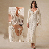 Kukombo Spring Outfits Knit Hollow Out Maxi Dress Women Lace Up Backless Beach Dress Casual Long Flare Sleeves Knitwear New Lady Long Bikini Cover-Ups