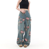 Kukombo American Retro Floral Print Jeans Fashionable Street Loose Wide-leg Jeans Baggy Jeans Trendy High Street Loose Trousers ootd outfit idea