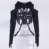 Kukombo Black Gothic Crop Top Women Hoodies Punk Sweatshirt Off Shoulder Lace Up Hooded Pullover Cat Ear Short Style Female Jacket Coat ootd