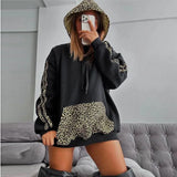 Kukombo Outfit Leopard Print Drawstring Hoodie Women's Solid Spliced Loose Casual Pullover Top Long Sleeve Street Hoodie Sweatshirt