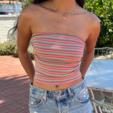 Kukombo Y2K Cute Women's Summer Slim Tube Tops Sleeveless Off Shoulder Strapless Stripe Print Bandeau Cami Vest Holiday Beach