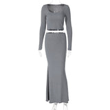 Kukombo Elegant Long Skirt Set Women's Fashion Lace Long Sleeve Top High Waist Skirt 2 Piece Set Solid Slim Casual Female Suit