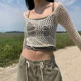 Kukombo Knit Rib Holloe Out Slash Collar Long Sleeve Trassel High Waist Crop Top Tank T Shirts Autumn Casual Wholesale ClothesChristmas Gifts