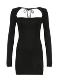 Kukombo Backless Lace-Up Slim Sexy Black Short Dress Women Square Collar Solid Split Elegant Basic Long Sleeve Baddie Clubwear