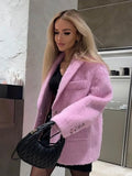 Kukombo Outfit Fashion Pink Woolen Jacket Women Winter V Neck Mohair Buttons Single Breasted Pockets Coat Ladies Office Street Casual Outerwear