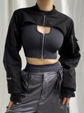 Kukombo Zip Up Stand Collar Long Sleeve Black Cropped Jackets Women Pocket Safari Style Streetwear