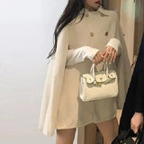 Kukombo Outfit Double Breasted Women Cape Coat Faux Woolen Loose Solid Female Overcoat Fashion Spring Poncho Elegant Lapel Lady Jacket