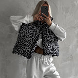 Kukombo Leopard Print Cotton Vest Women's New Sleeveless Stand Collar Casual Warm Vest Jacket Autumn Women's Cotton Jacket 2024