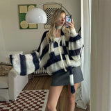 Kukombo Women's Sweater Cardigan Autumn V-neck Scarf Knitted Sweater Loose Warm Casual Single-Breasted Striped Cardigan Sweater