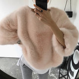 Kukombo Spring Outfits Faux Mink Fur Coats Korean Fashion Pure Fluffy Rabbit Fur Short Outwear Elegant Flared Sleeves Pullover Winter Plush Top