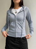 Kukombo Gray Slim Zip Up Jackets Hoodies For Women Pockets Long Sleeve Ribbed Solid Simple Basic Casual Preppy Sweatshirts