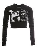 Kukombo Black Long Sleeve Crop Top with Graphic Pattern