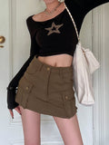 Kukombo Black Star Patched Long Sleeve Knit Crop Top