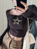 Kukombo Black Star Patched Long Sleeve Knit Crop Top