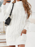 Kukombo Homecoming Dress Party Outfits Turtle Neck Dual Pocket Cable Knit Sweater Dress