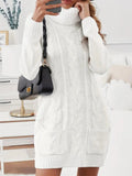 Kukombo Homecoming Dress Party Outfits Turtle Neck Dual Pocket Cable Knit Sweater Dress